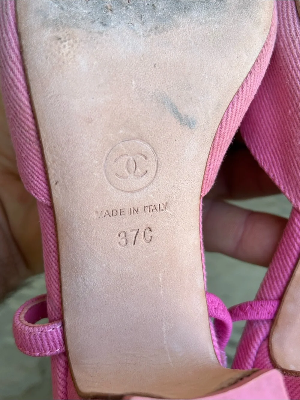 CHANEL Pink Denim CC Slingback Heels sz 37 US 6.5